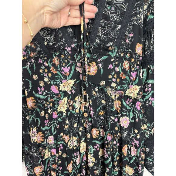 Free People Cassis Printed Chiffon Midi Dress Flowy Ruffles Floral Black Small - Picture 8 of 12